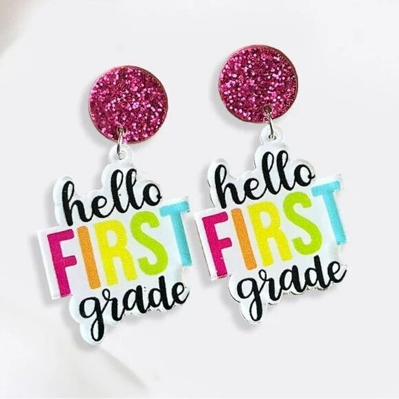 NWT Women’s Dangle Earrings “Hello First Grade” Multi Color Elementary Educator - Picture 2 of 3